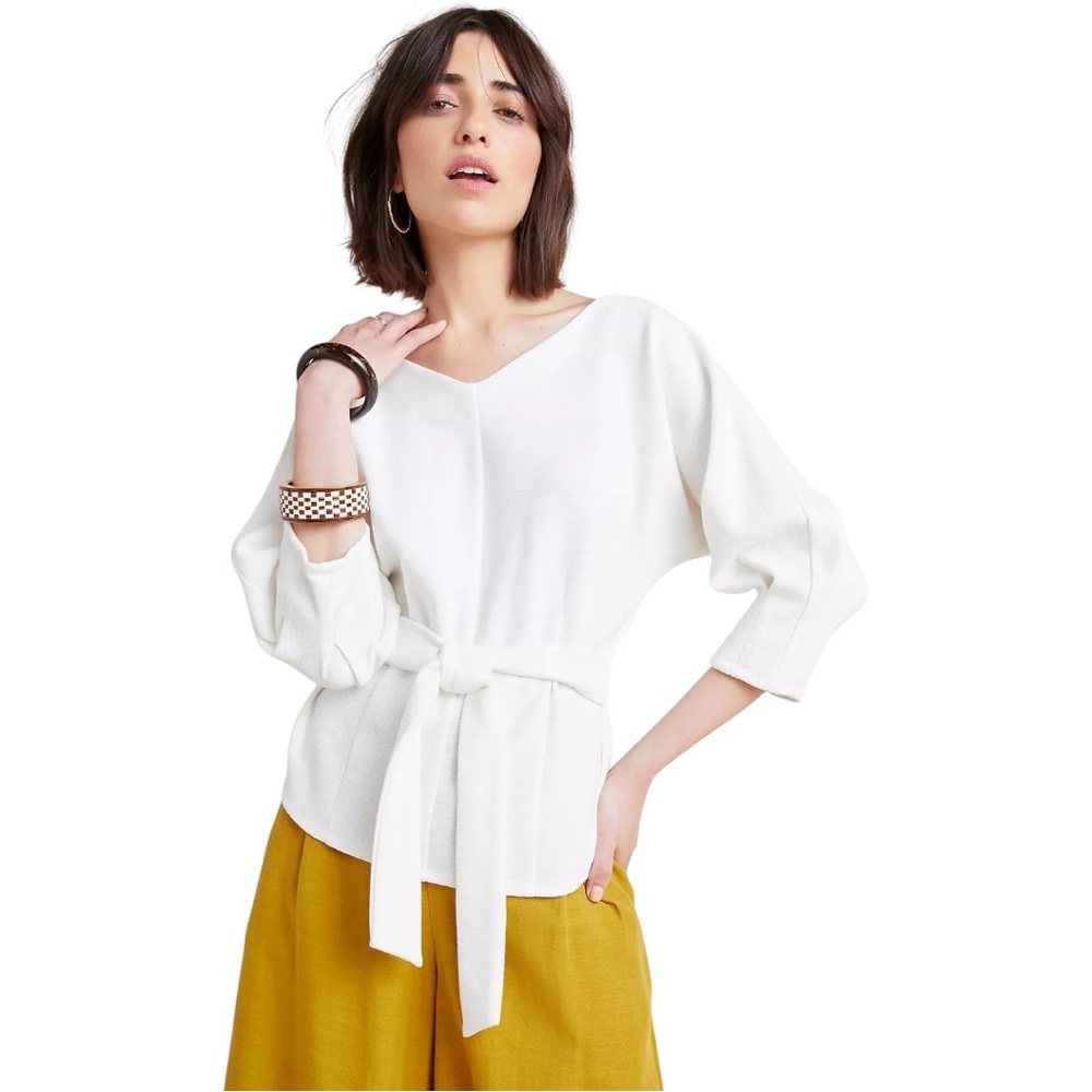 Anthropologie Balloon Sleeve V Neck White Top size XSmall